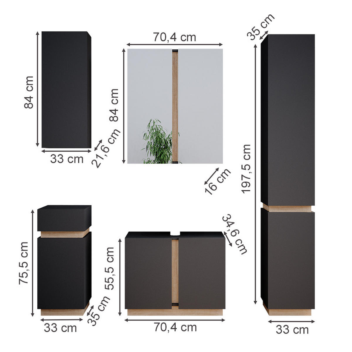 BADMÖBEL-SET Gloria Anthrazit 5 Teile - Anthrazit/Sonoma Eiche, Holzwerkstoff (70/55/34cm) - Vicco