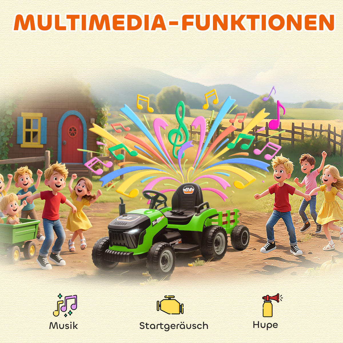 KINDER-ELEKTROTRAKTOR 3-Gang mit Anhänger, 2 Motor, für 3-8 Jahre, Grün - Orange, Metall (139/58/55cm) - AIYAPLAY