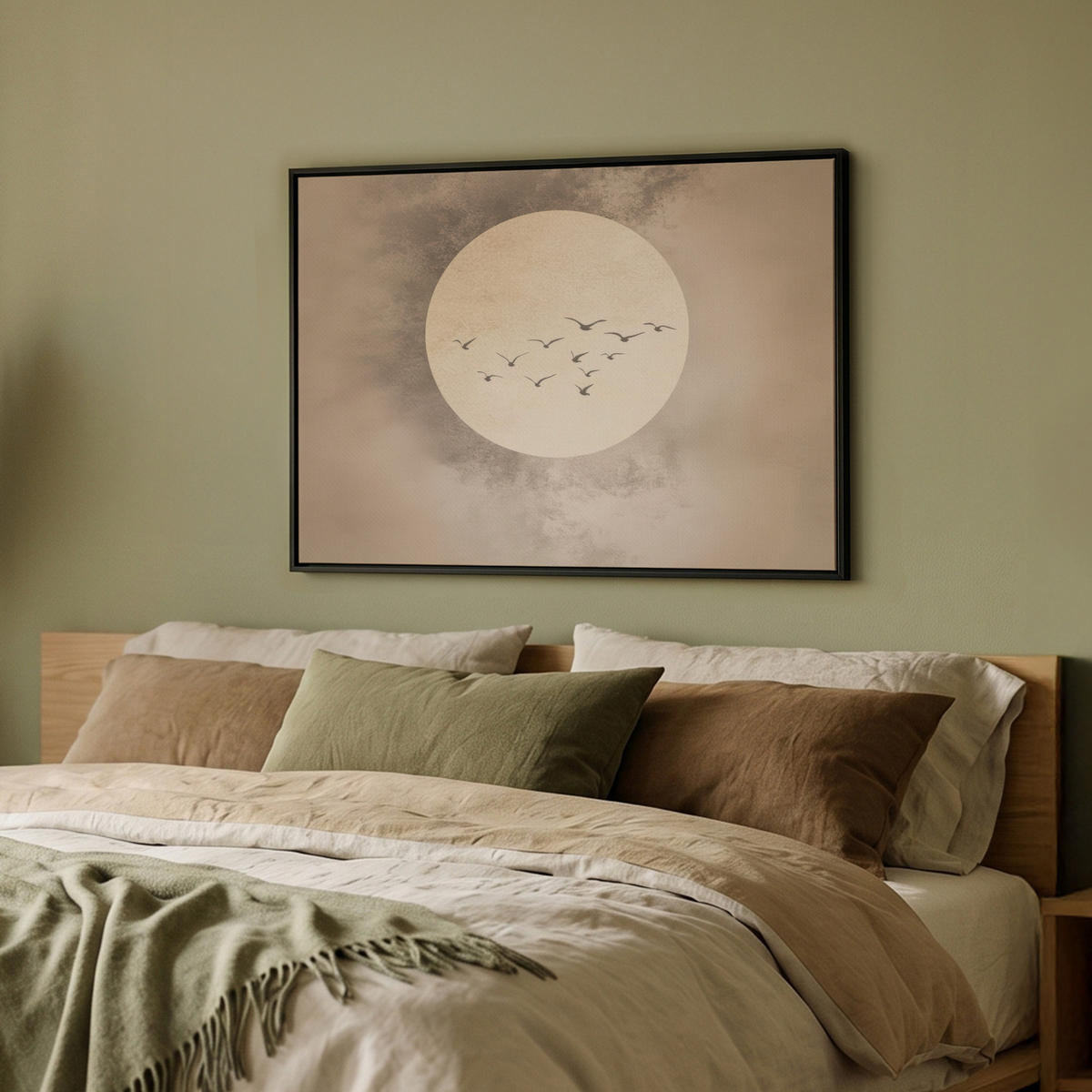 LEINWAND Bilder mit Rahmen - Vogel - Beige - Japanisch - 80x60 - Taupe, Textil (80/60cm) - MuchoWow