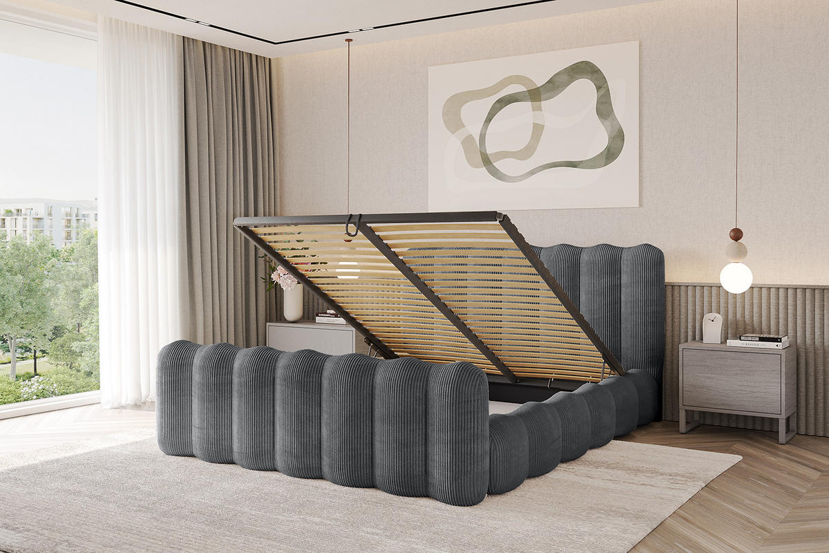 POLSTERBETT mit Bettkasten, Fußteil und Lattenrost, Bett mit Matratze H3/H4 - SORA-Z 180x200 Dunkelgrau - Anthrazit, Holzwerkstoff/Textil (180/200cm) - ALTDECOR