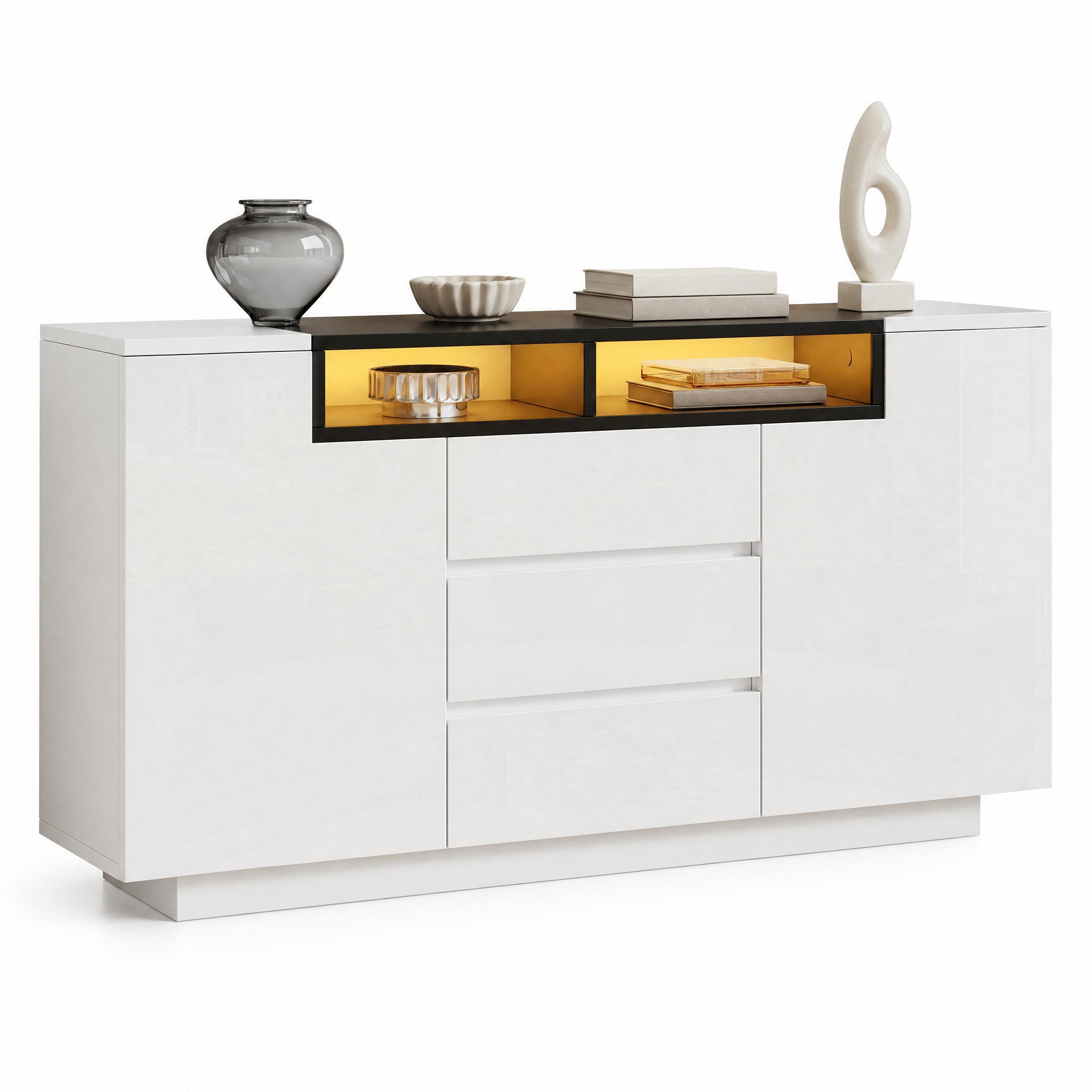 SIDEBOARD i vit och svart med 2 L-formade dörrar och LED för vardagsrum, B140/D40/H68cm - Vit, Träbaserade material (140/68/40cm) - STILVORA