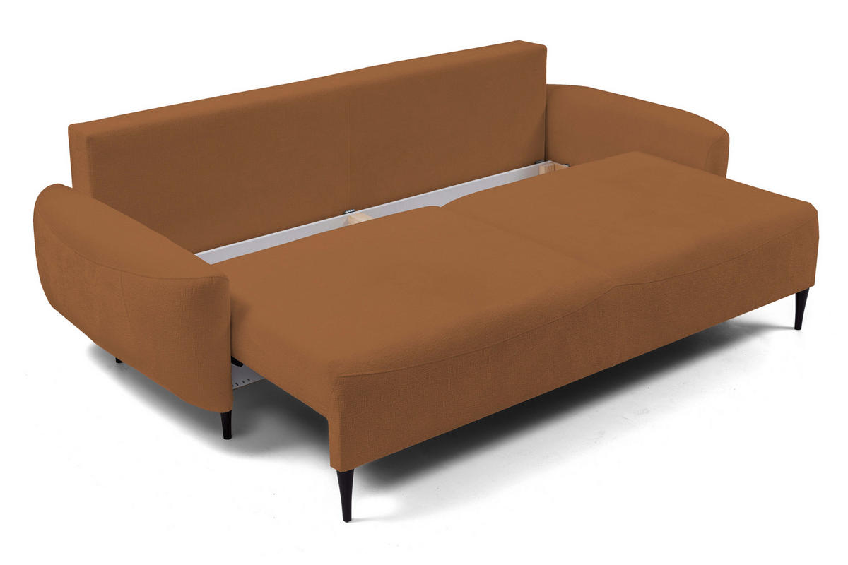 SOFA BOHO Mit Schlaffunktion Und Bettkasten, Wellenfederung, PUR-Schaum, Holzfüße, lose Rückenkissen, freistehend, 244x102x92 cm Copper - Kupferfarben, Holz/Textil (244/92/102cm) - DomoHome