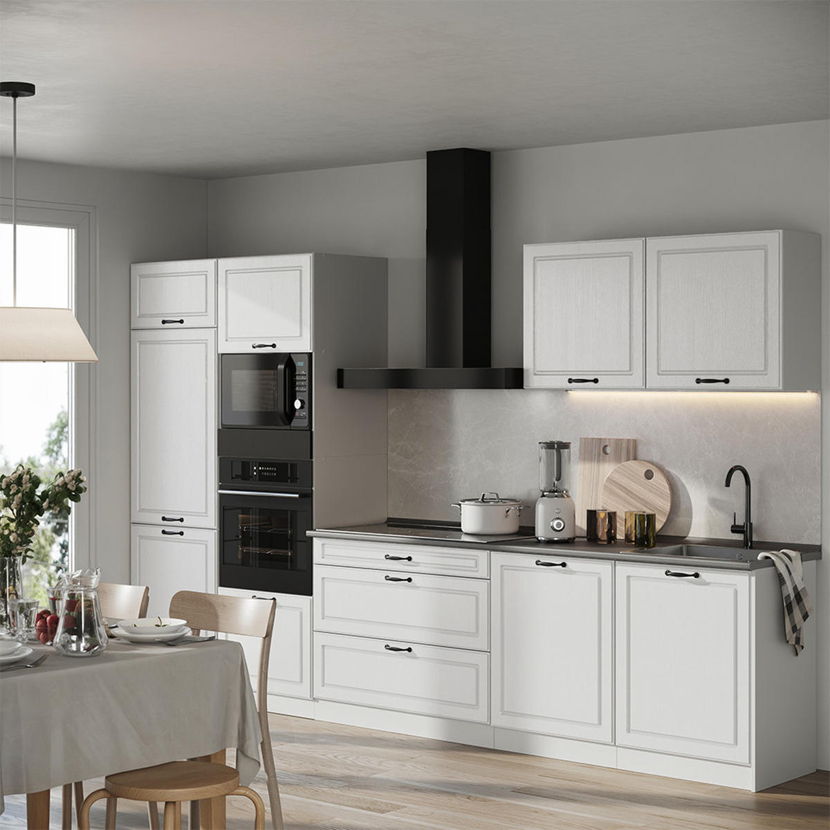 KÜCHENZEILE R-Line, Weiß Landhaus/Weiß, 340 cm Arbeitsplatte Goldkraft Eiche - Weiß, Holzwerkstoff (340/206.8/60cm) - Vicco
