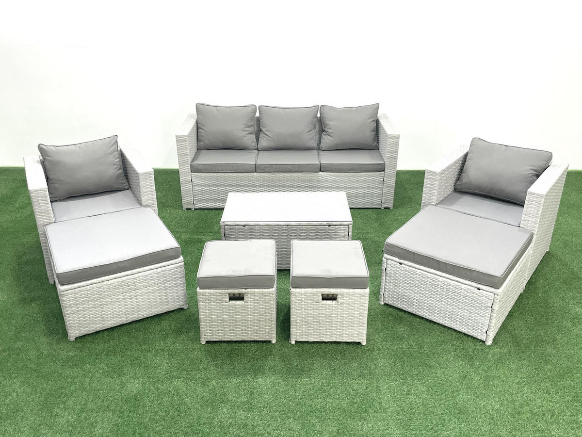 GARTENSET mit 3-SITZER SOFA,COUCHTISCH Polyrattan Hellgrau-Mix 9-Sitzer - Hellgrau/Grau, Glas/Kunststoff - Fimous