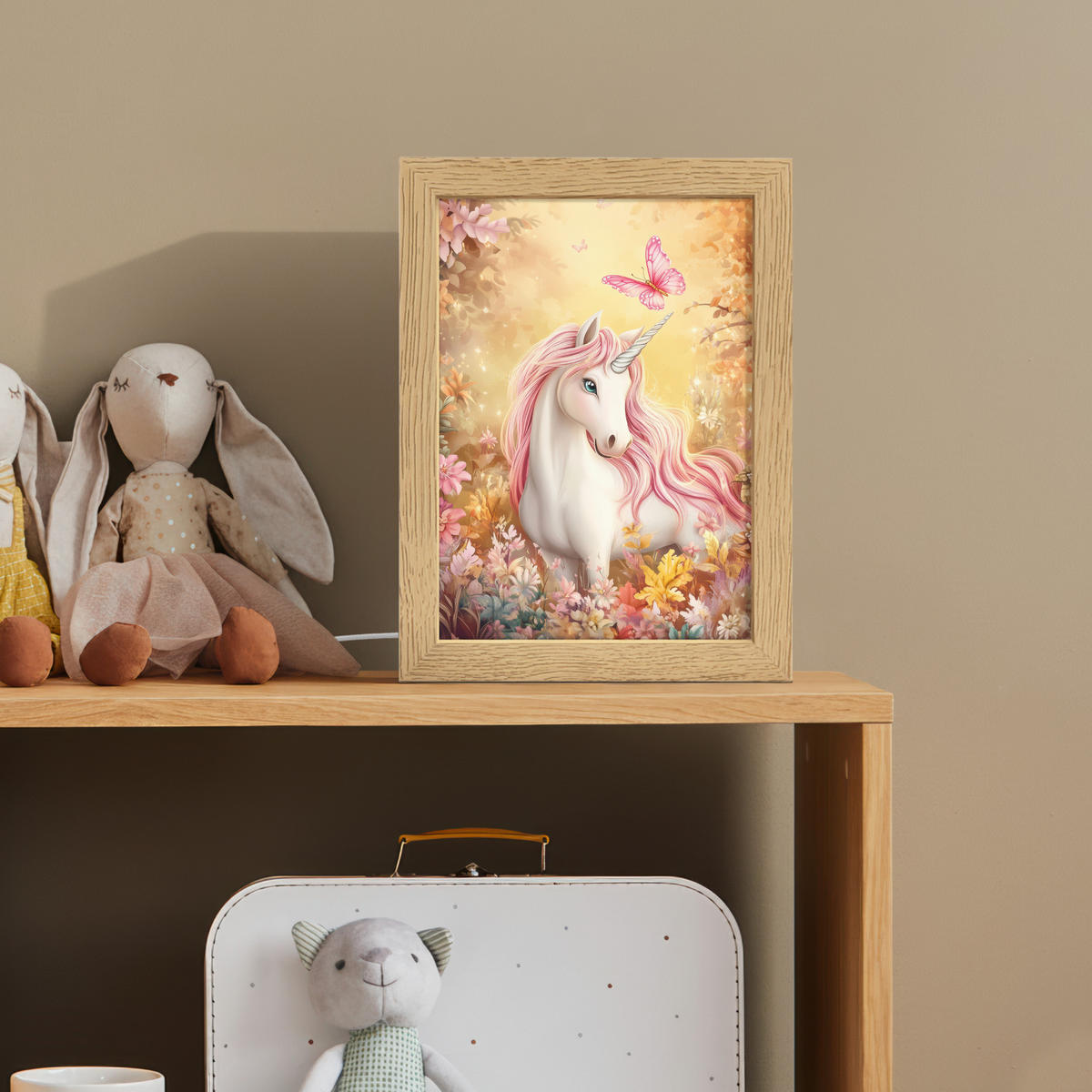 NACHTTISCHLAMPE Einhorn - Blumen - Schmetterling - Rosa 15x20 cm - Beige, Holzwerkstoff (8/15/20cm)