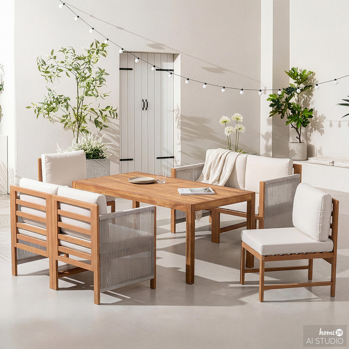 DINING-LOUNGESET - 7-teilig - Akazie massiv / Polyester - Braun / Beige - Beige/Braun, Holz/Textil - home24