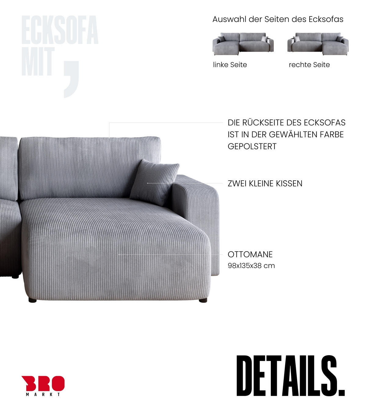 ECKSOFA PUMI XL mit Schlaffunktion Hellgrau Cord - Hellgrau, Textil (274/148cm) - Bromarkt