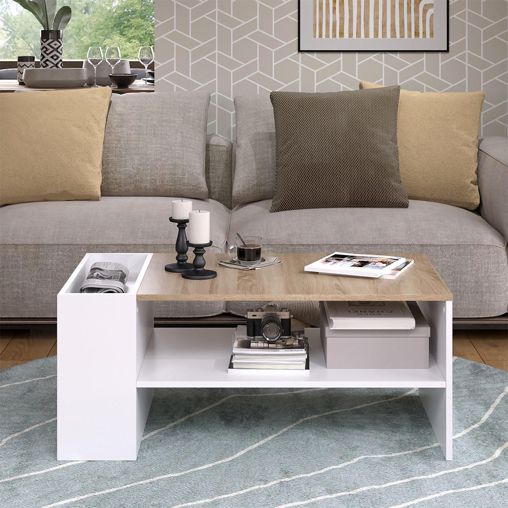 COUCHTISCH Wido Weiß/Sonoma 100 x 55 cm mit Regalen - Weiß, Holzwerkstoff (55/100/42cm) - Vicco