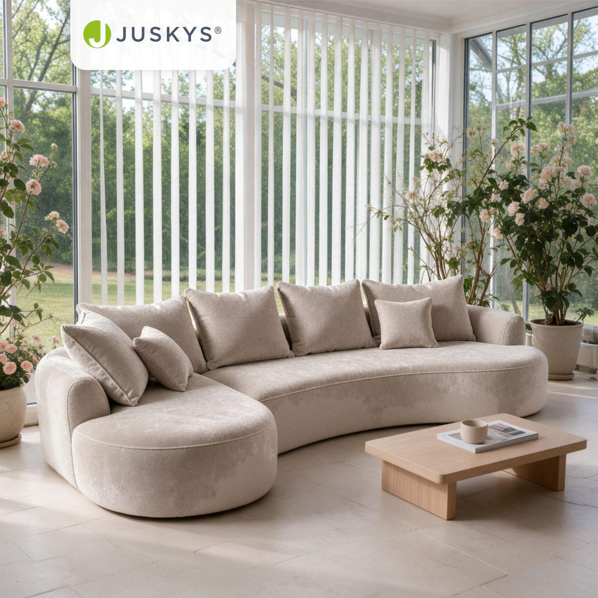 SOFA Tirano Samt Beige mit Ottomane links - Beige, Textil (102/300cm) - Juskys