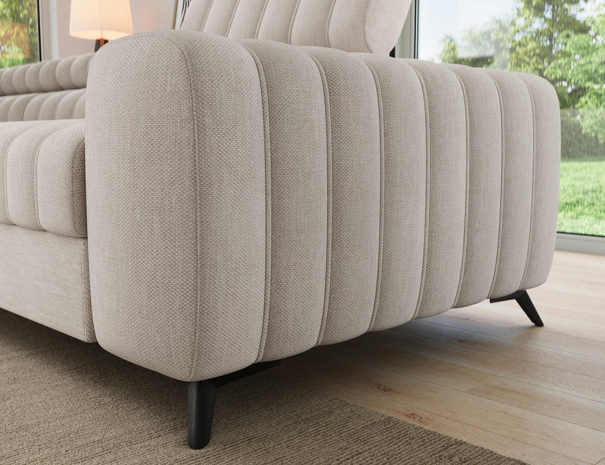 KANEDO Ecksofa mit Schlaffunktion und Bettkasten – Modernes Designsofa, verstellbare Kopfstützen, Metallfüße - Beige, Kunststoff (269/86cm) - Wohnideebilder