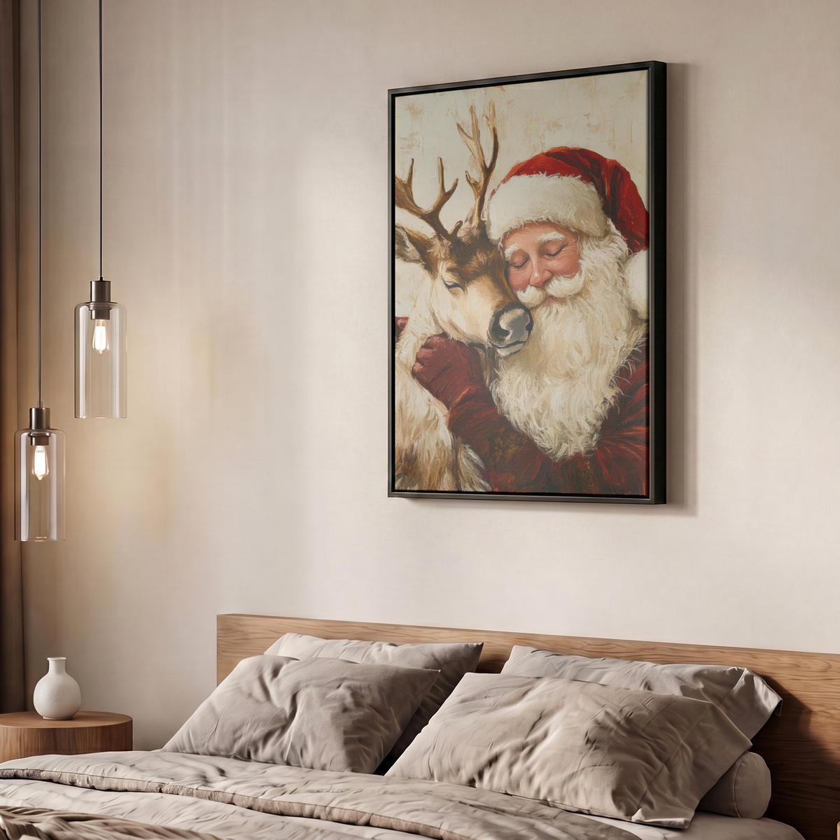 LEINWAND Bilder mit Rahmen - Weihnachtsmann - Rentier - Weihnachten - 60x80 - Rotbraun, Textil (60/80cm) - MuchoWow