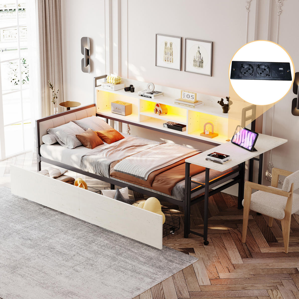 POLSTERBETT 90x200 cm LED USB Schreibtisch weiß - Weiß, Metall (90/200cm) - Fortuna Lai