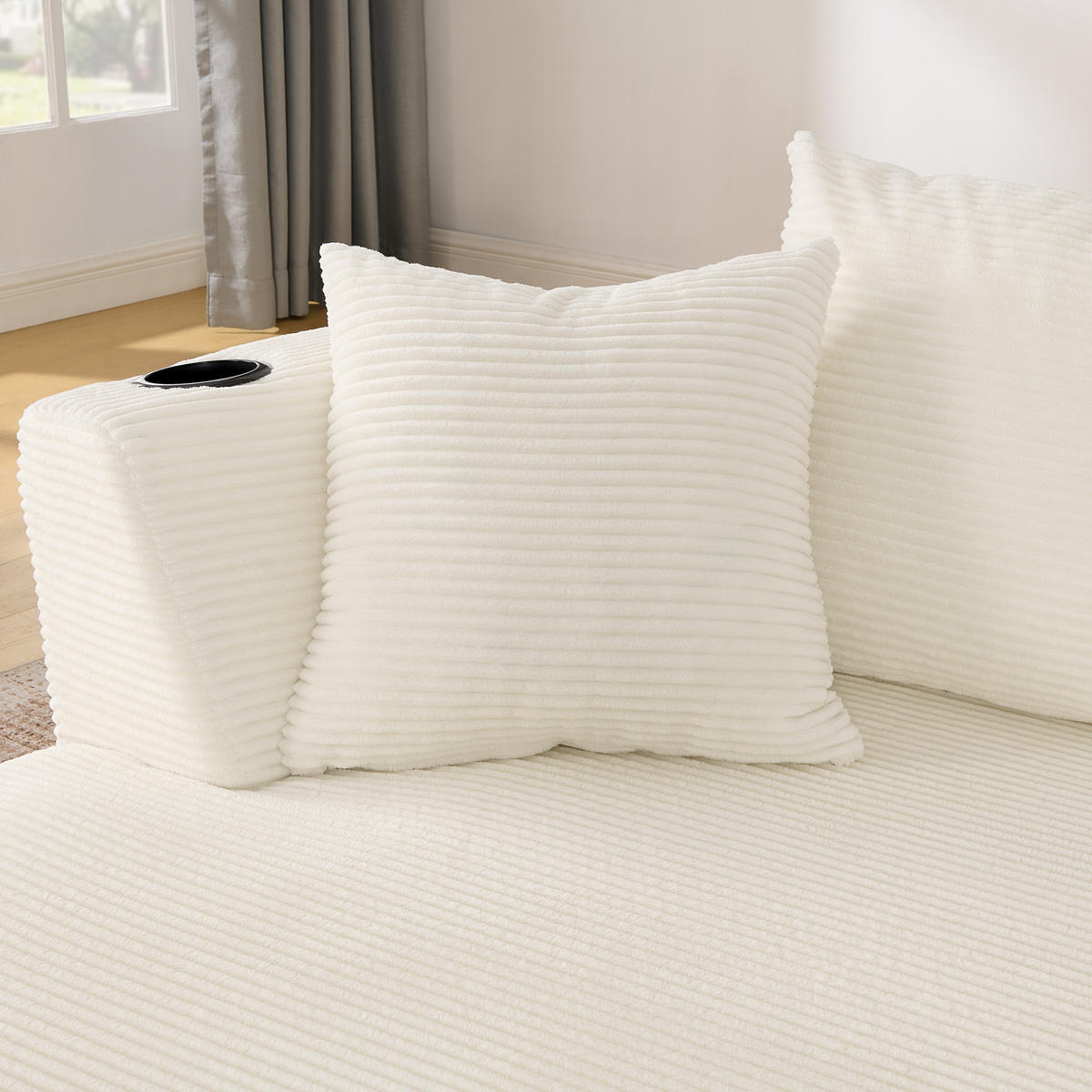 3-SITZER ECKSOFA Cord Beige mit Getränkehaltern und Kissen - Beige, Textil (264/168cm) - WISHDOR