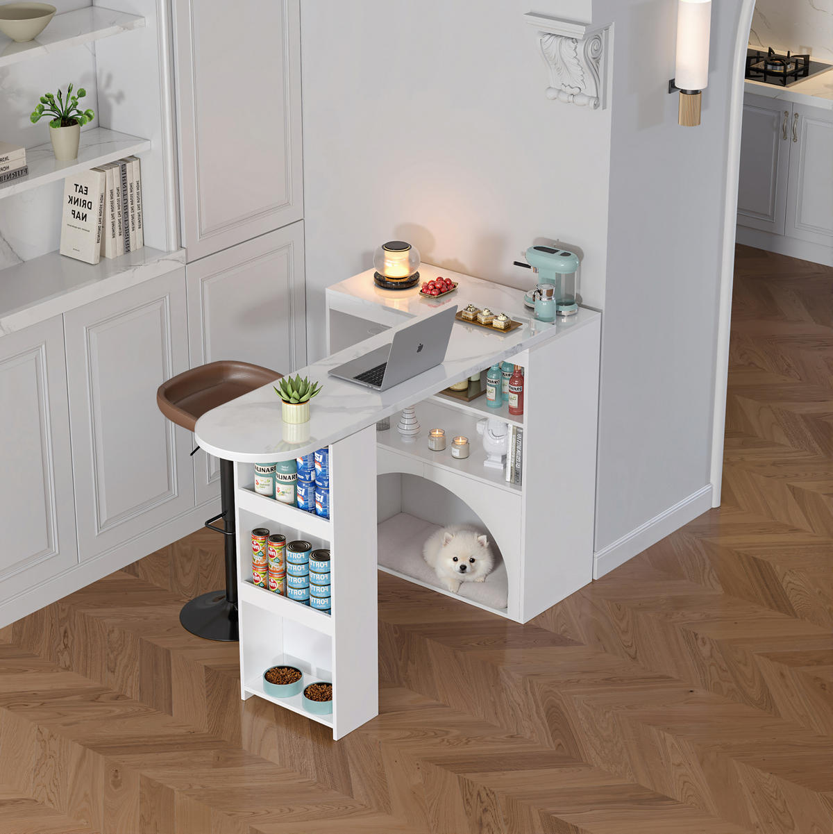 BARTISCH aus MDF 120(+80)x40x100 cm Weiß ausziehbar mit offenem Stauraum und integriertem Haustierbereich - Weiß, Holzwerkstoff (40/120/100cm) - Modfu