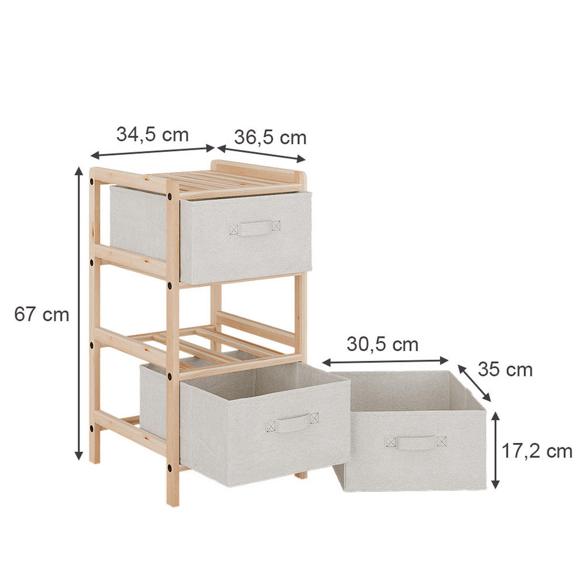 KOMMODE Bruno Beige 34.5 x 67 cm mit 3 Stoffschubladen - Beige/Naturfarben, Holzwerkstoff (34.5/67/36.5cm) - Vicco