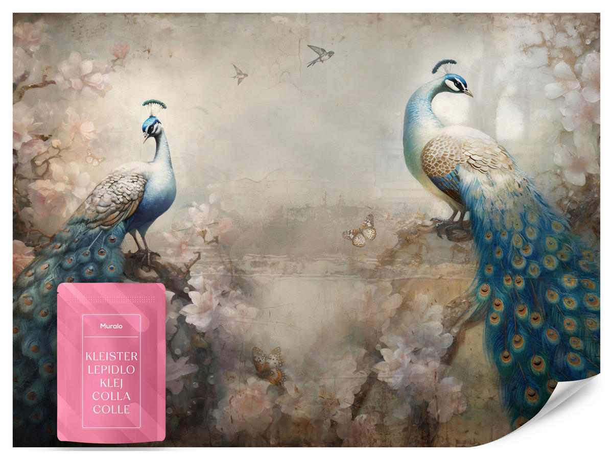 FOTOTAPETE Abstrakte Pfauen Blumen Beton Vintage 250x175 - Blau/Beige, Papier (250/175cm) - Muralo