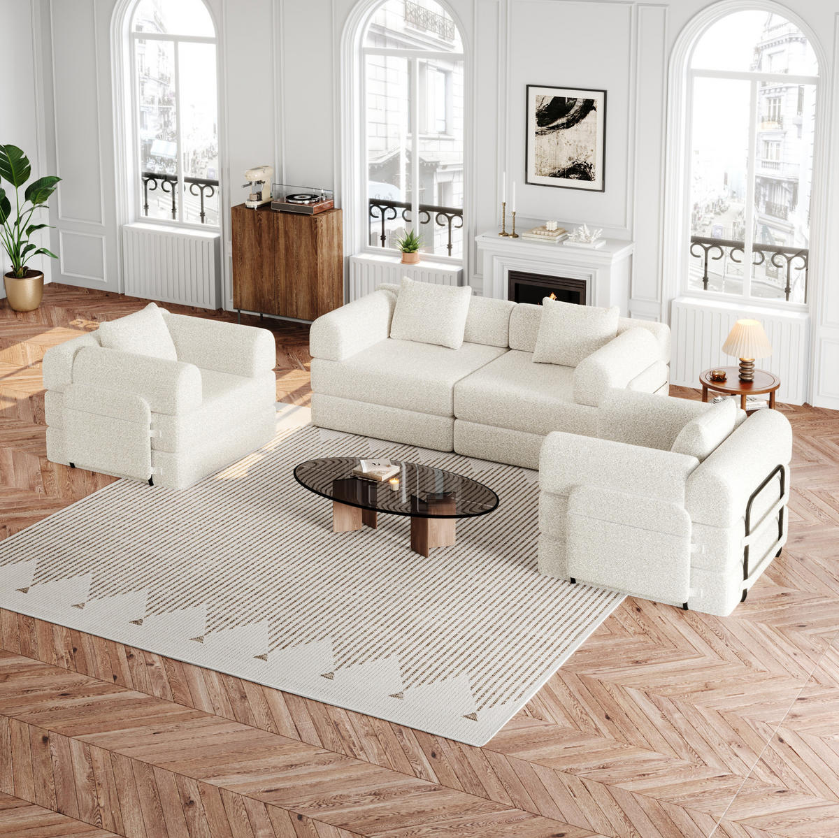 SCHLAFSOFA aus Chenille Beige 2-in-1 mit Armlehnen-Ablagefach und Stahlrahmen - Beige, Textil (184/50/182cm) - Modfu