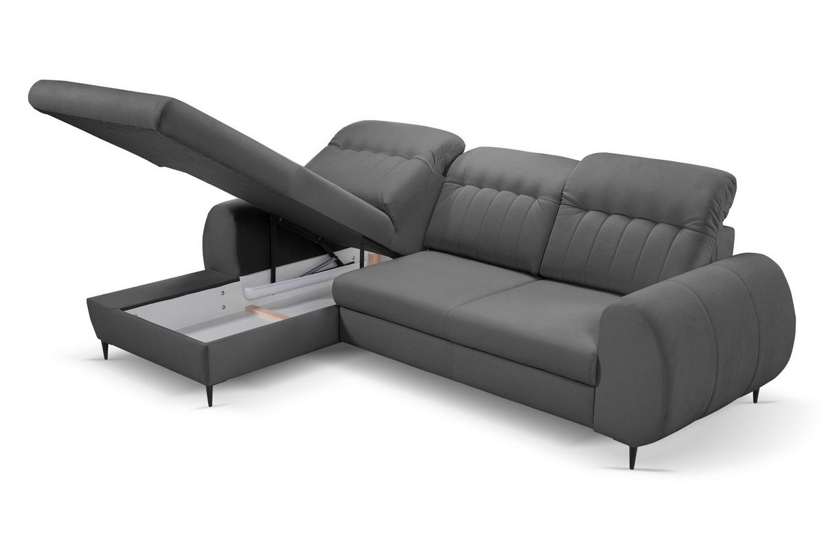 ECKSOFA PURO L-S Grau Plüsch-Stoff mit Schlaffunktion - Grau, Holz (275/166cm) - MASSENO