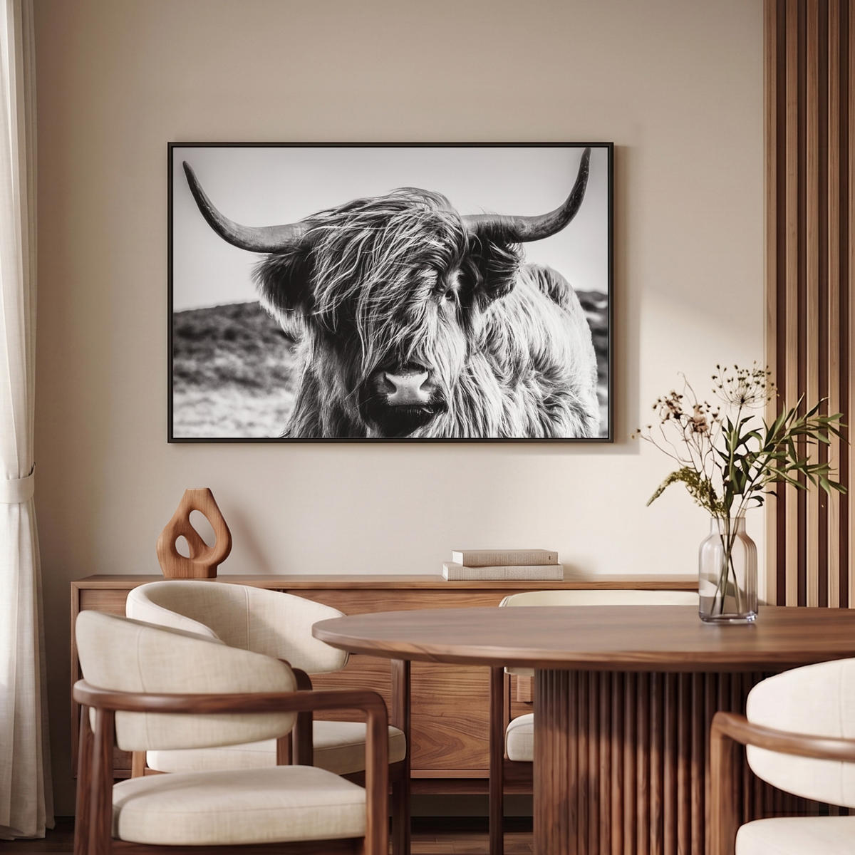 LEINWAND Bilder mit Rahmen - Kuh - Schottischer Hochländer - Schwarz - Weiß - Tier - Natur - Wildtiere - 90x60 - Schwarz, Textil (90/60cm) - MuchoWow
