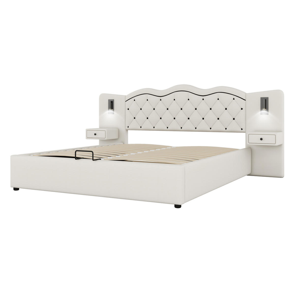 POLSTERBETT 180/200 cm mit USB-Anschluss, Beleuchtung und hydraulischem Bettkasten aus Leinenimitat/MDF, Beige - Beige, Textil (180/200cm) - Redom