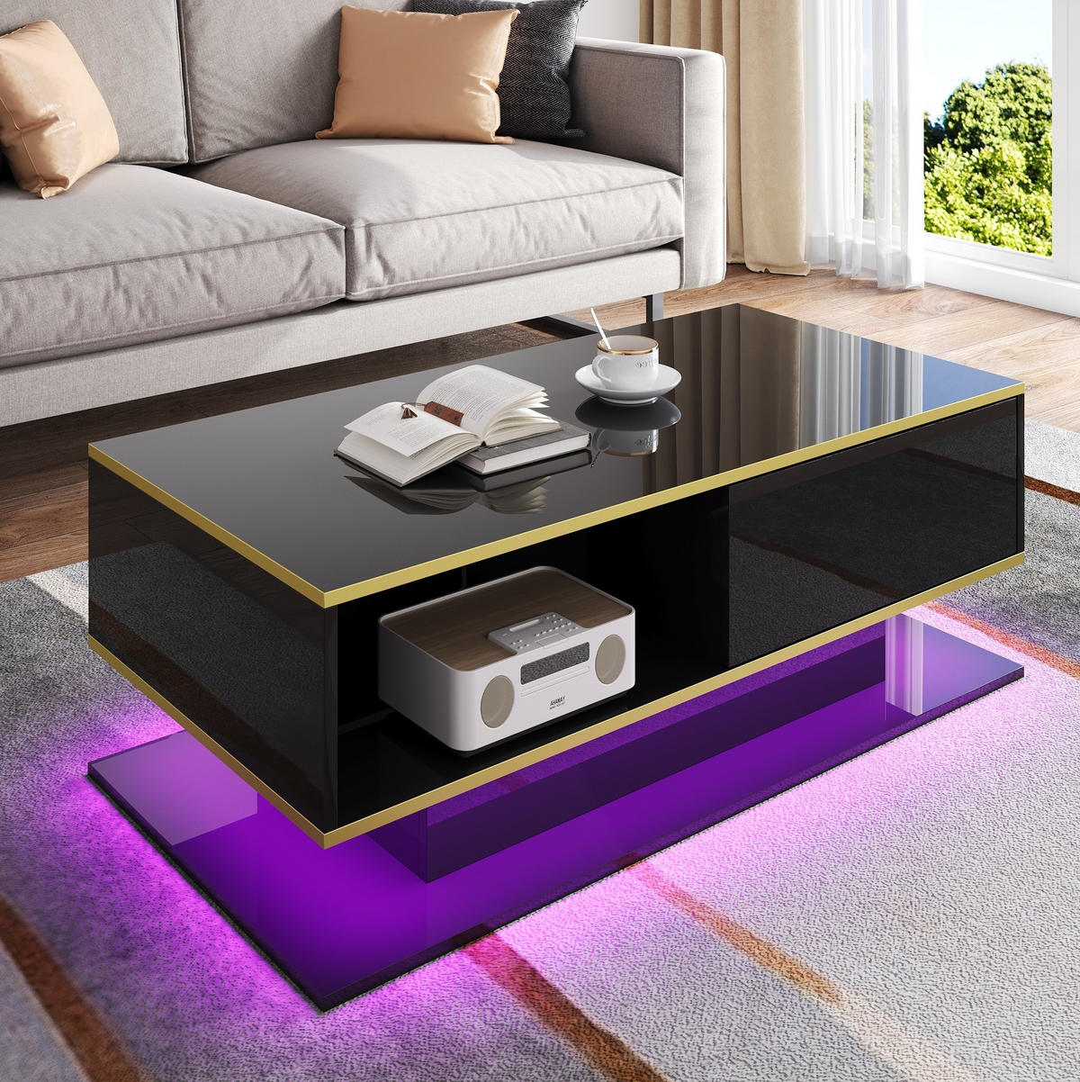 KONFERENČNÍ stolek z dřevotřísky, 100/50/40 cm černý/zlatý, s LED osvětlením a 3 zásuvkami - černá, kompozitní dřevo (100/50/40cm) - BEAOK