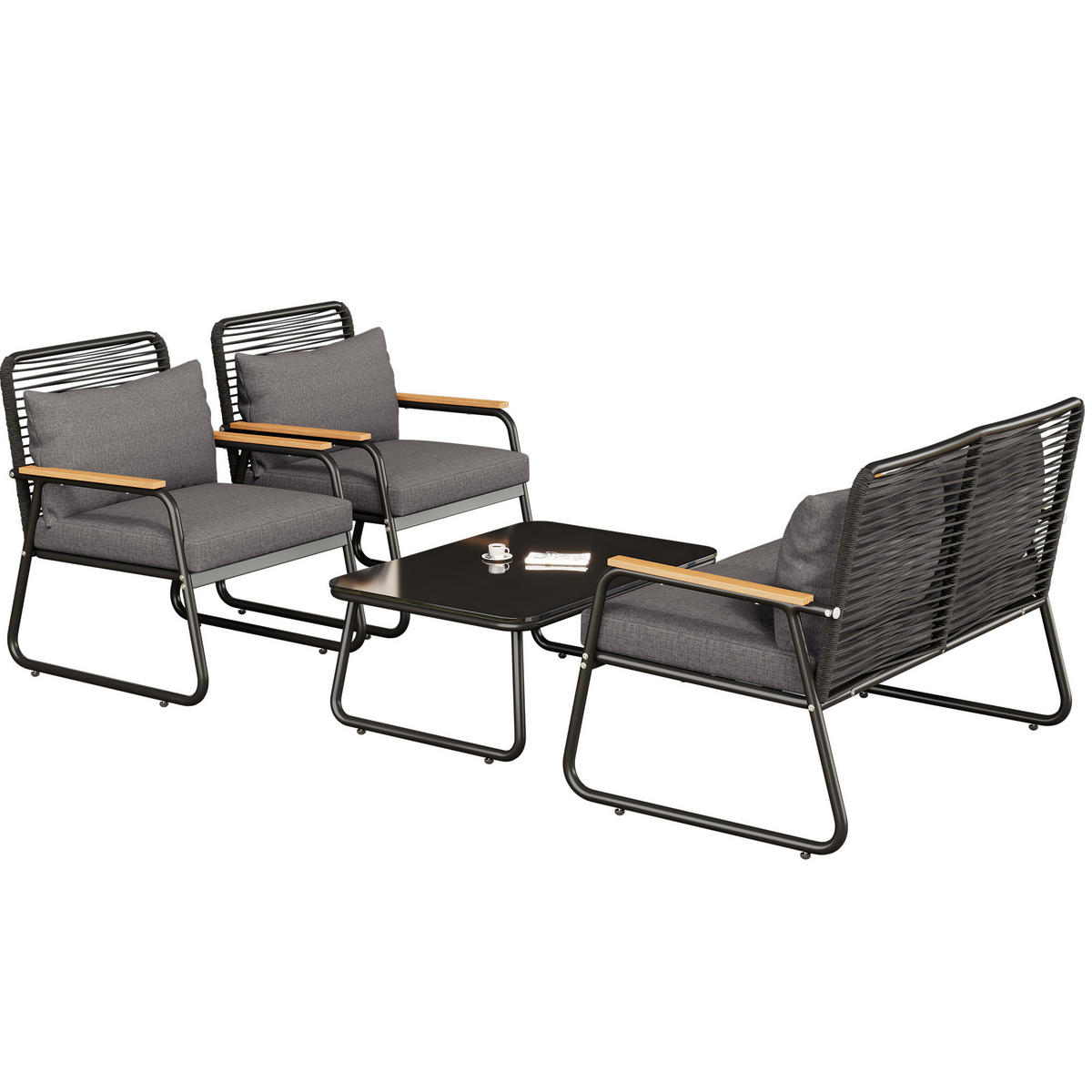 GARTEN-LOUNGE-SET mit Metallgestell & Glastisch, 118/65/78 cm + 2/ 63/65/78 cm, Schwarz - Schwarz, Metall - Redom