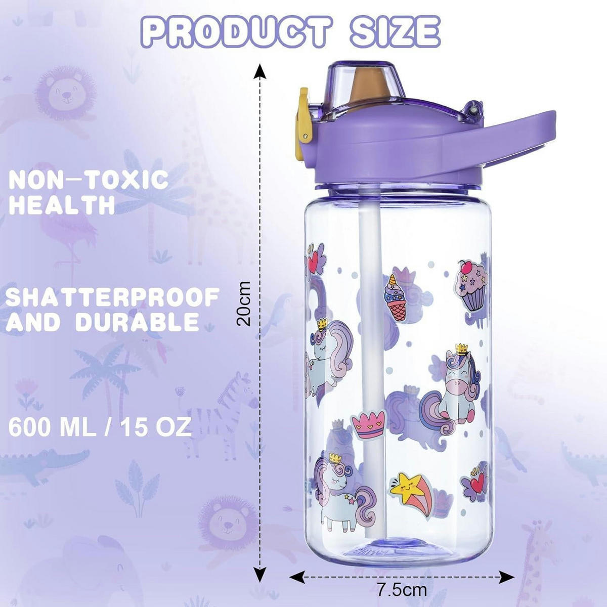 TRINKFLASCHE Kinder 600 ml mit Strohhalm Lila Einhorn - Lila, Kunststoff (10.8/10.8cm)