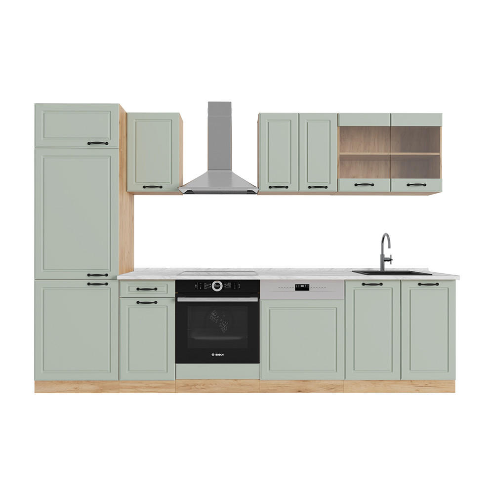 KÜCHENZEILE R-Line, Mint Landhaus/Goldkraft Eiche, 300 cm Arbeitsplatte Marmor - Honigeiche/Grün, Holzwerkstoff (300/206.8/60cm) - Vicco