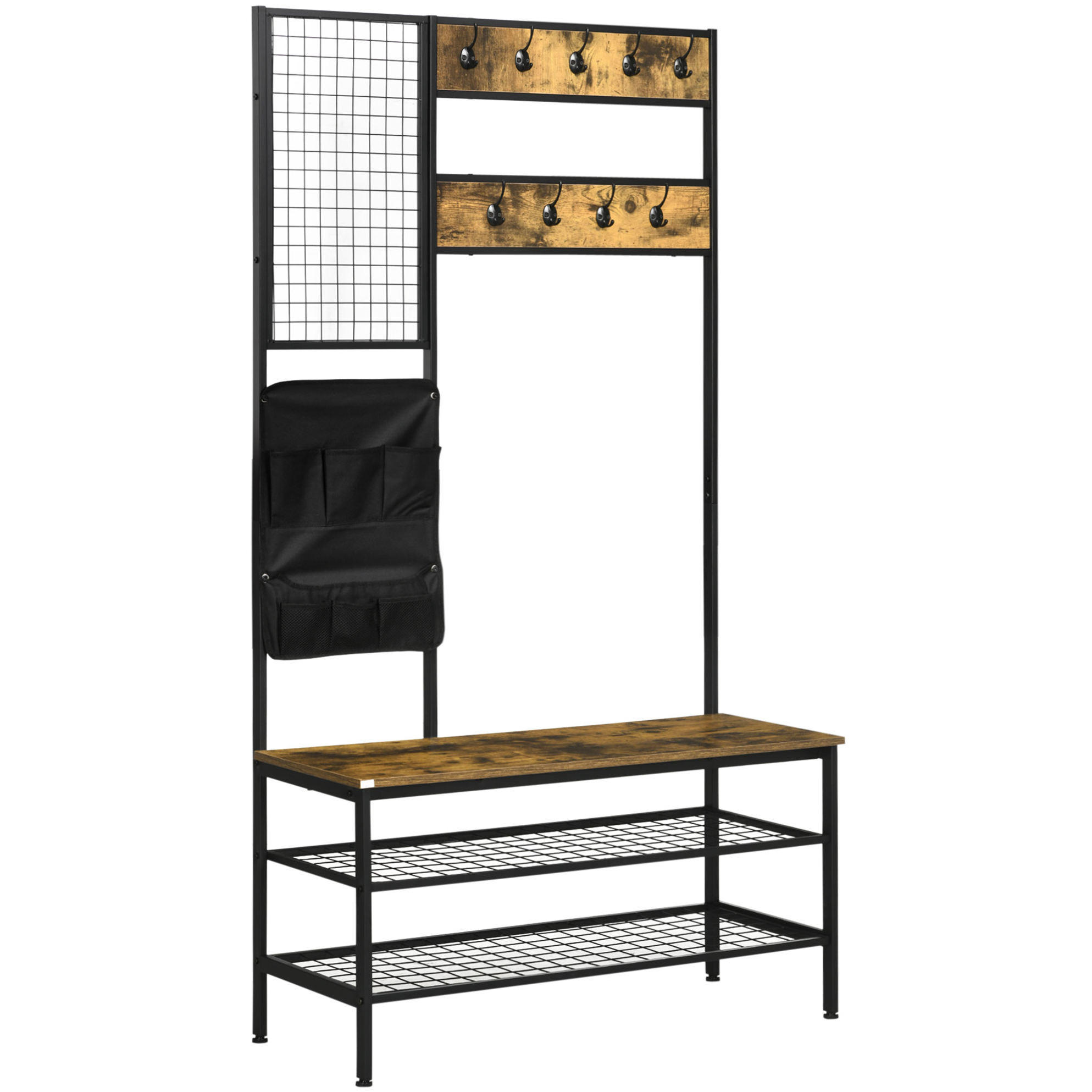 GARDEROBE 100/40/185 cm braun mit Sitzbank und 9 Haken - Braun, Holzwerkstoff (100/185/40cm) - OKWISH