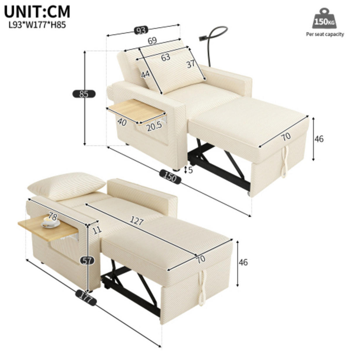 SCHLAFSOFA 93x150x85 cm aus Cord Multifunktionales faltbares, beige - Beige, Textil (150/85/93cm) - Luhomfu