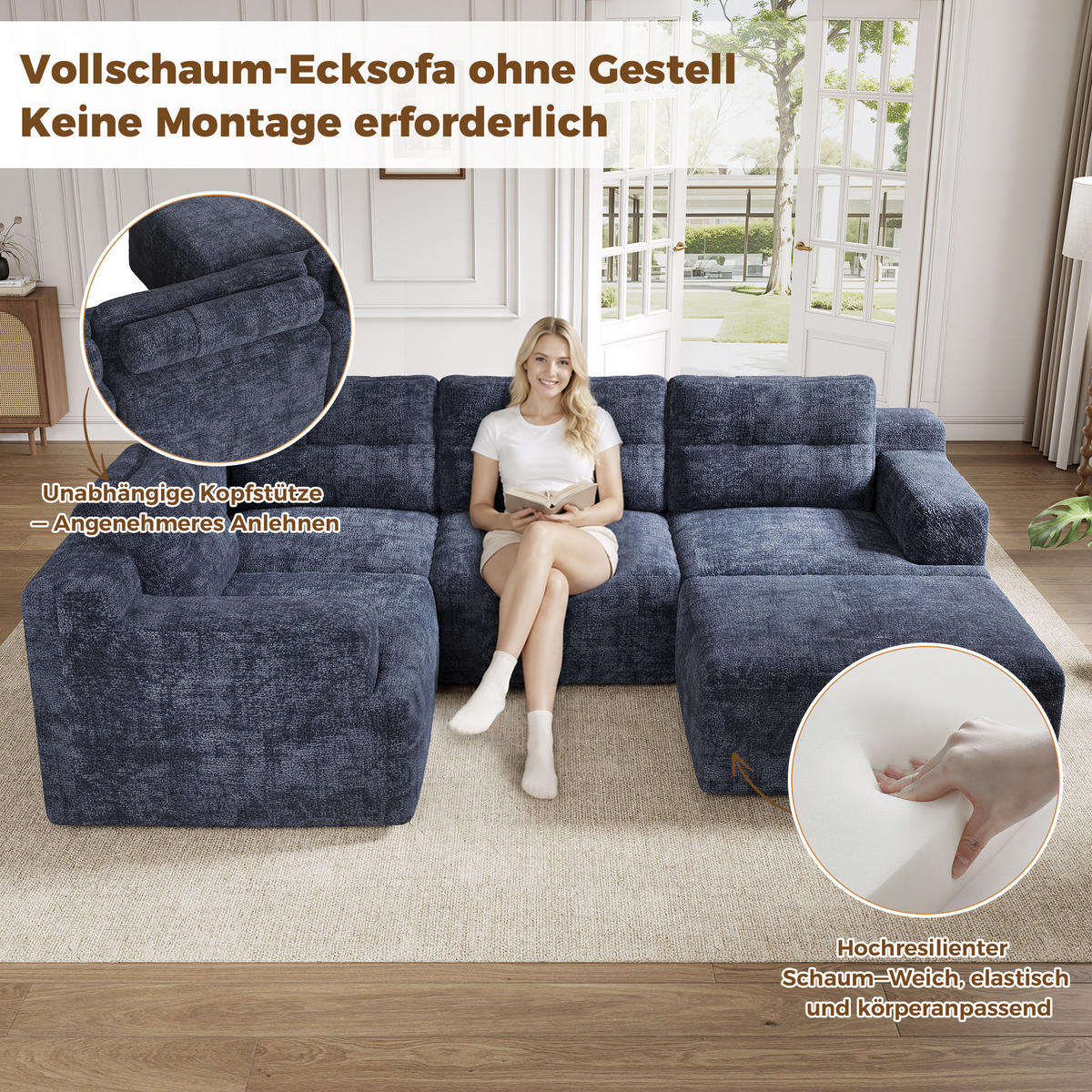 WOHNLANDSCHAFT 252/180/82 cm Blue mit 1 Fußhocker - Blau, Textil (252/82/180cm) - Oxeza