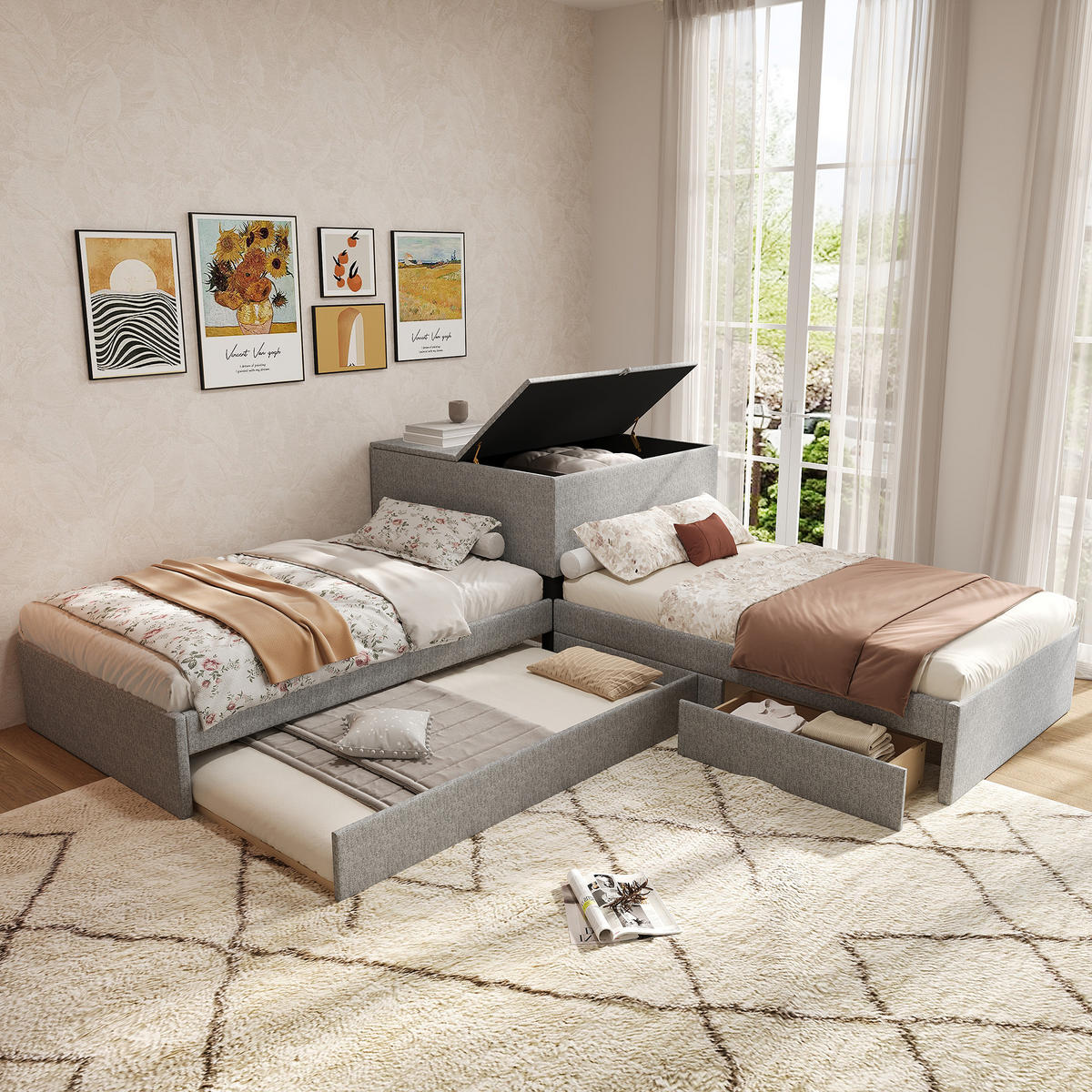 ECKEINZELBETT 90x200cm Grau Leinen Mit Stauraum & Ausziehbett - Grau, Naturmaterialien (90/200cm) - FLIEKS