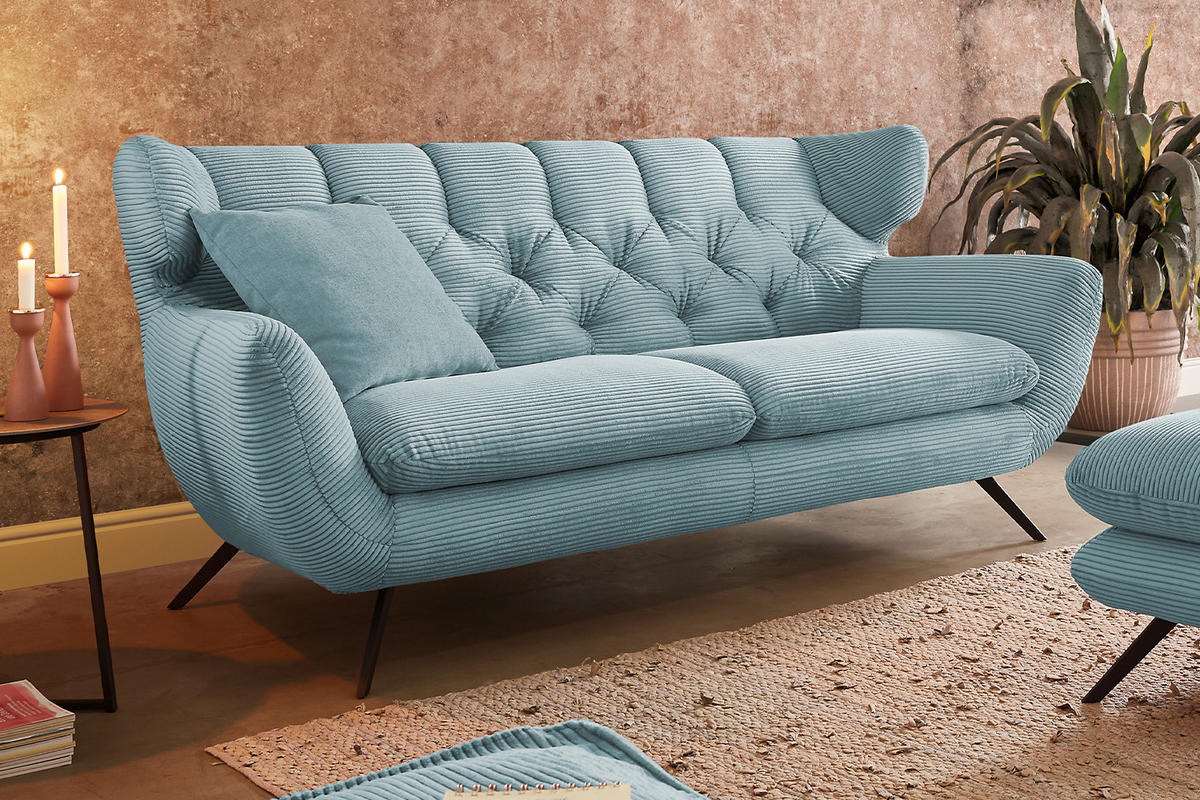 SOFA CHARME Blau Cord - Blau/Schwarz, Textil/Metall (200/94/95cm) - KAWOLA