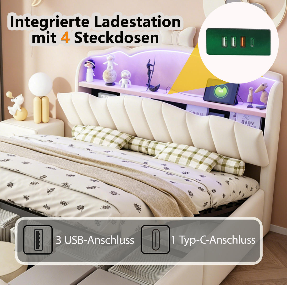 KINDERBETT 140x200 cm in Beige mit LED, USB-/USB-C-Anschlüssen und hydraulischem Stauraum - Beige, Textil (140/200cm) - IVMEU