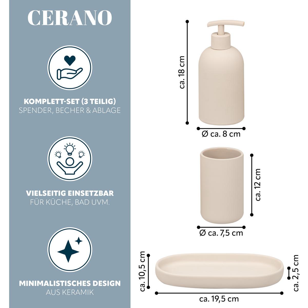 BAD-ACCESSOIRES-SET CERANO, Soft-Touch, beige - Schwarz, Keramik (8/18/8cm) - eluno