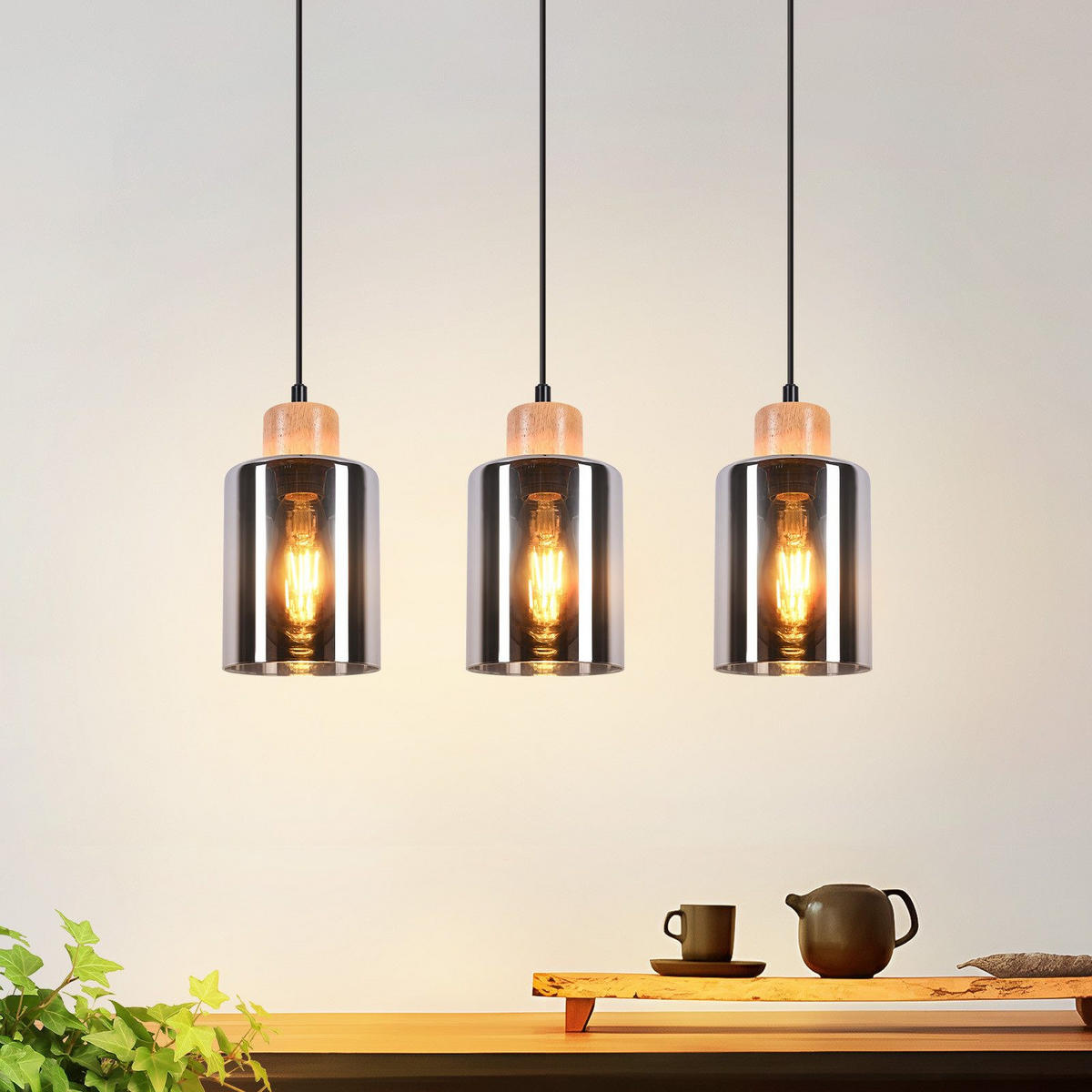 PENDELLEUCHTE Rynnf 42/12/146.5 cm - Hellbraun, Glas/Holz (42/12/146.5cm) - ZMH