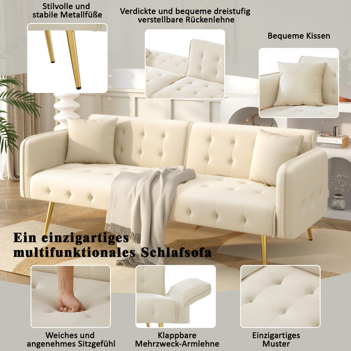 2-SITZER Sofabett Samt mit verstellbarer Rückenlehne und Armlehnen Beige 178/82/70 cm - Beige, Textil (82/70/178cm) - Redom