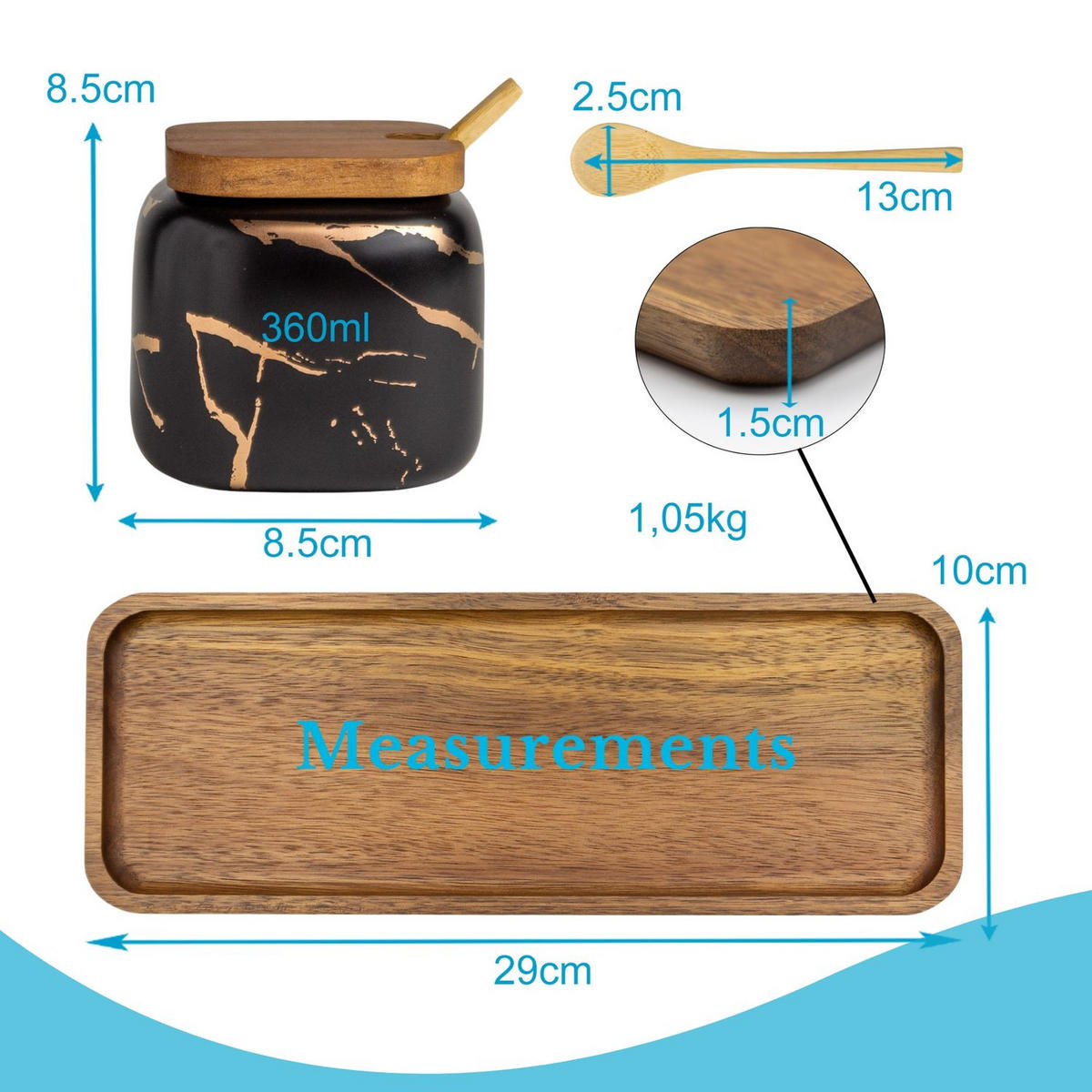 ZUCKERDOSE Vorratsdose mit Deckel Löffel Holztablett (3er-Set) - Schwarz, Keramik (8.5/11.5cm) - Intirilife