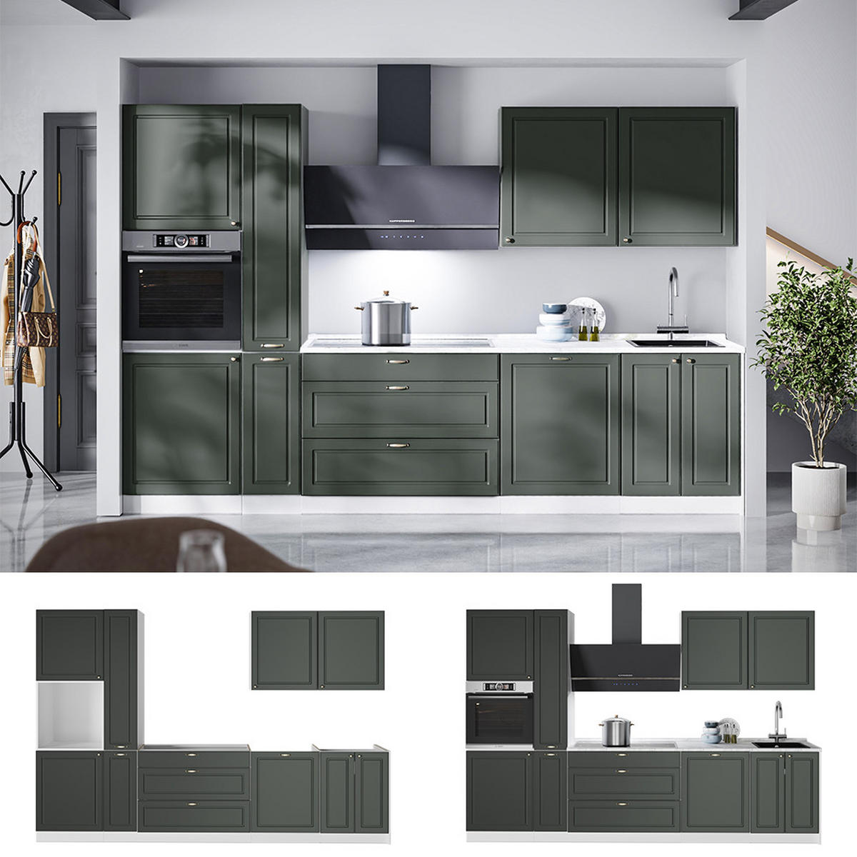 KÜCHENZEILE Fame-Line, Grün-Gold Landhaus/Weiß, 310 cm, AP Anthrazit - Weiß/Grün, Holzwerkstoff (310/206.8/60cm) - Vicco