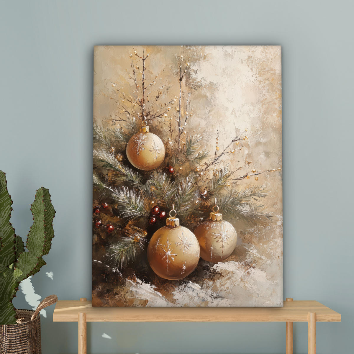 LEINWANDBILD Weihnachten - Kugeln - Beige - Gold 60x80 cm - Goldfarben, Textil (60/80cm) - MuchoWow