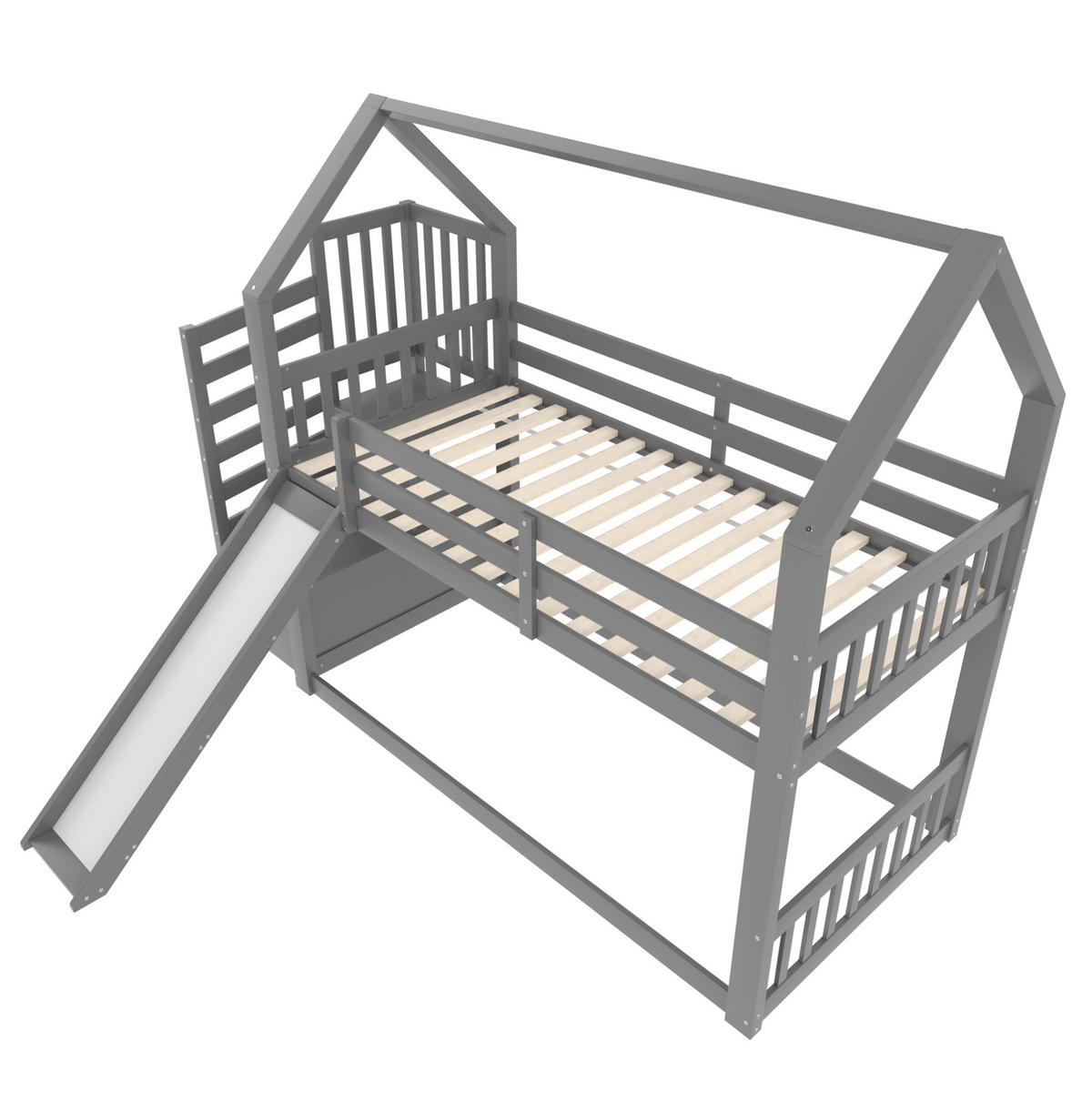 ETAGENBETT aus Kiefernholz und MDF 90x200 cm Grau mit Stauraumtreppe, Rutsche und Hausdesign - Grau, Holzwerkstoff (90/200cm) - Modfu