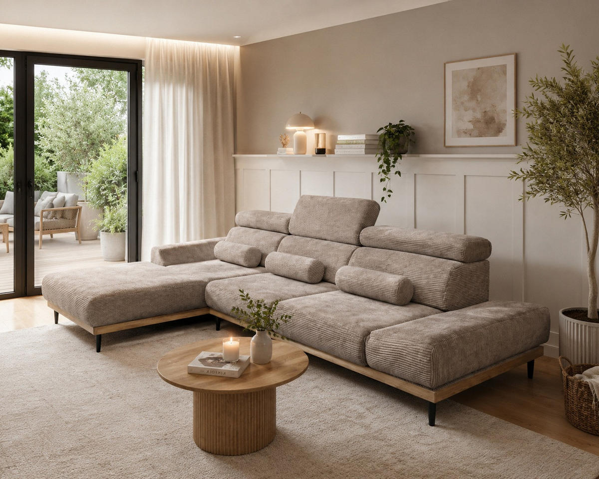 ECKSOFA MONTERO links, Cappuccino, elektr. Sitztiefe & Kopfstützen - Schwarz/Cappuccino, Textil/Metall (316/205cm) - KS Home Concept