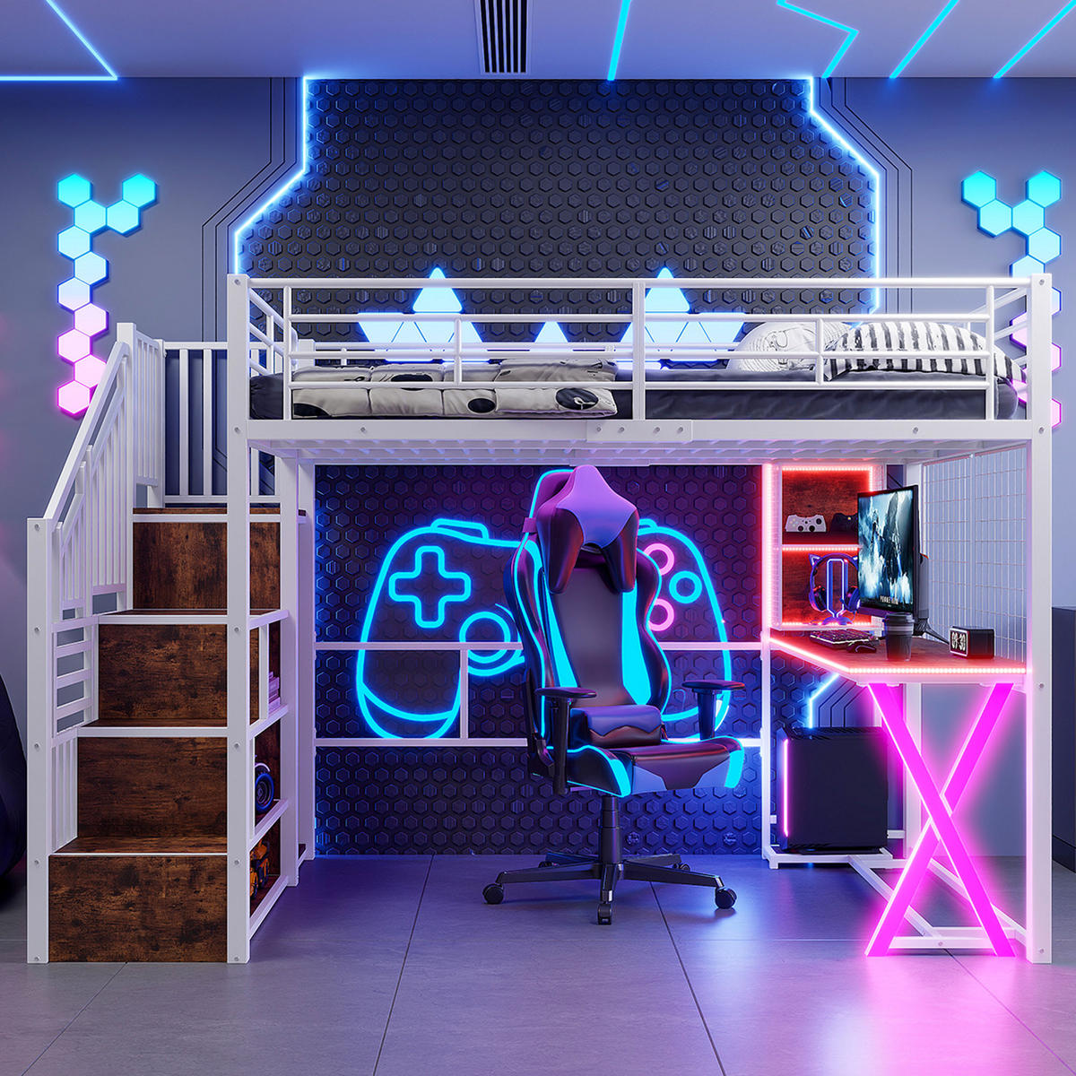 HOCHBETT 140/200 cm mit LED-Leuchten, Ablageleiter und Schreibtisch, Weiß - Weiß, Metall (140/200cm) - OKWISH