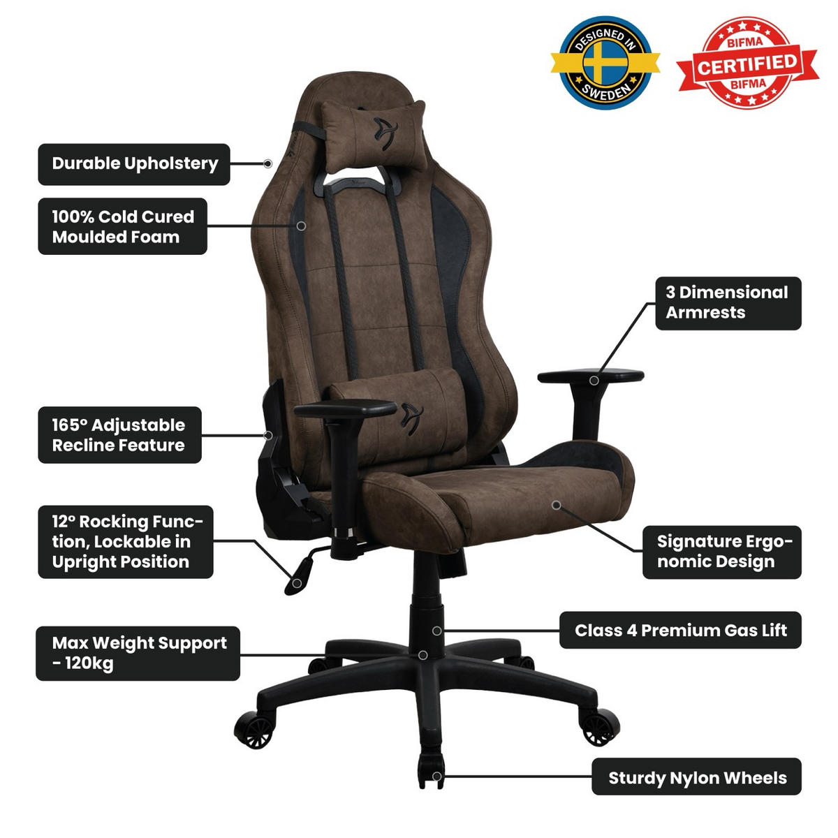 GAMINGSTUHL Torretta Supersoft™ Braun - Schwarz/Braun, Kunststoff/Textil (70/135/50cm) - Arozzi