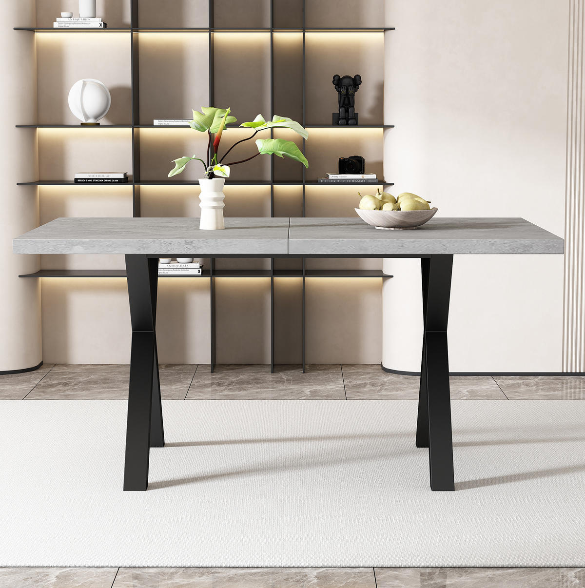 ESSTISCH 140/80/76 cm in Betonoptik mit Kreuzgestell - Grau, Holzwerkstoff (140/80/76cm) - Flora Grace