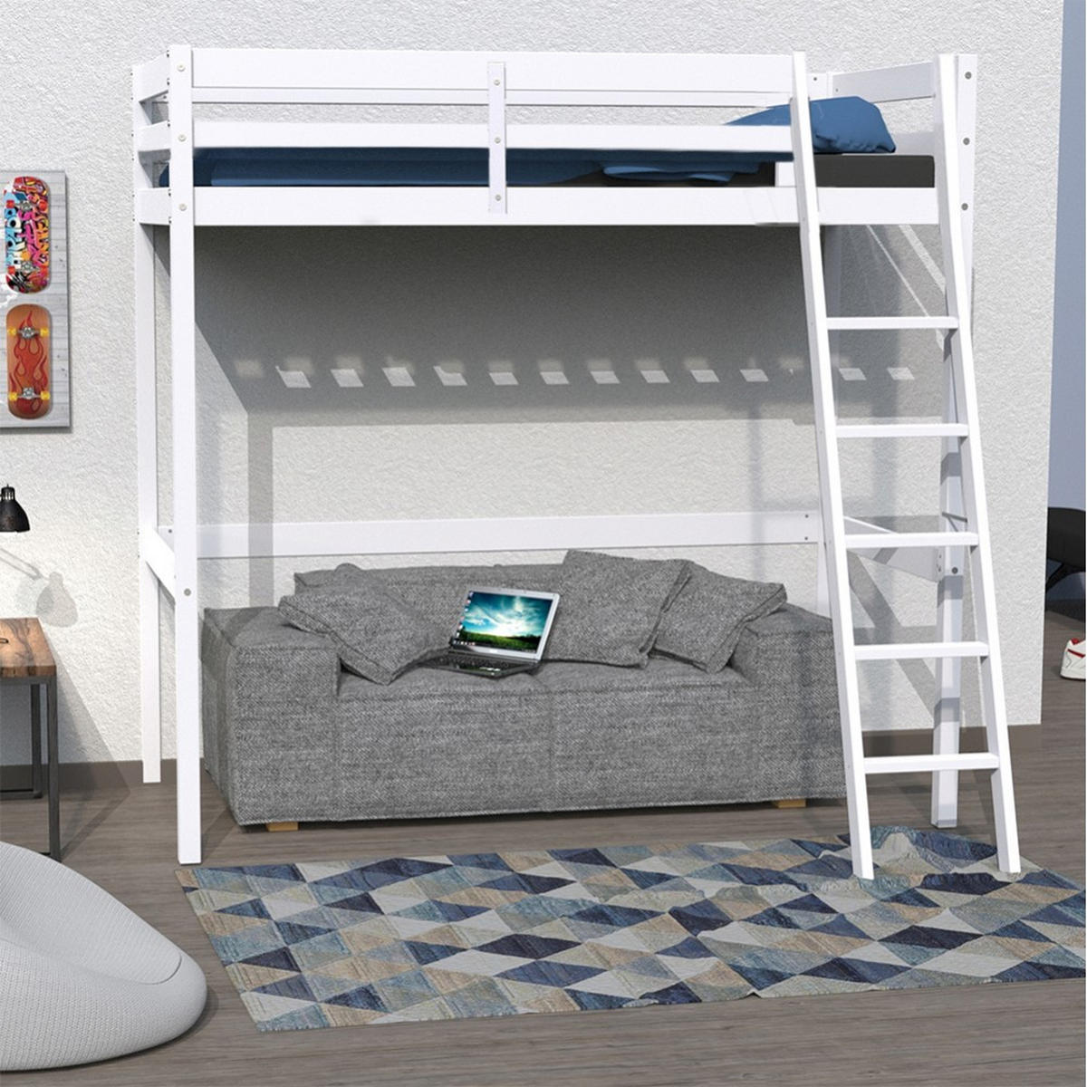 HOCHBETT STUDIO mit Lattenrost / Hochbett 90x200 - Weiß - Weiß, Holz (90/200cm) - Weber Industries