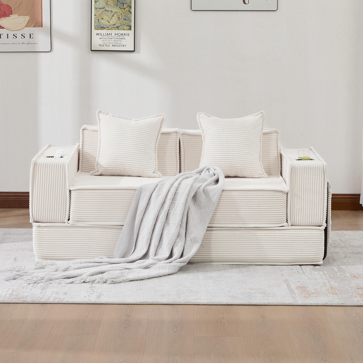 SCHLAFSOFA 162/78/66 cm Beige Cord mit seitlichem Stauraum und Getränkehaltern - Beige, Textil (162/66/78cm) - Oxeza
