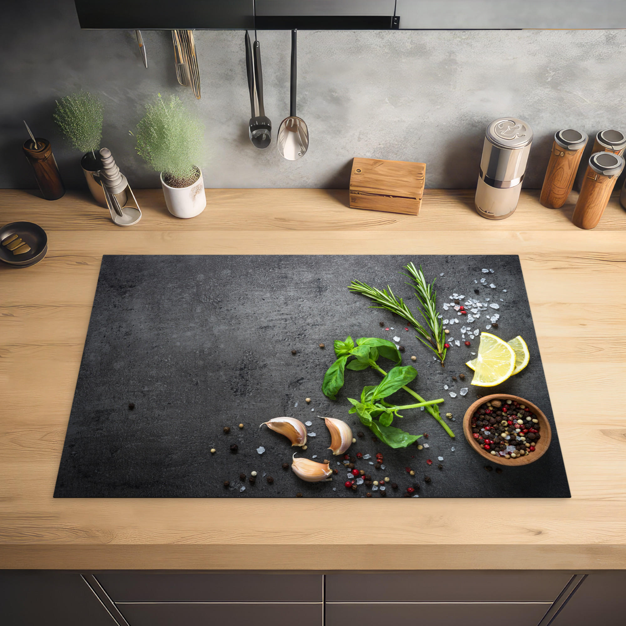 HERDABDECKPLATTE Limette - Kräuter - Gewürze - Grün - Grau - Beton 78x52 cm - Grün, Kunststoff (78/0.2/52cm) - MuchoWow