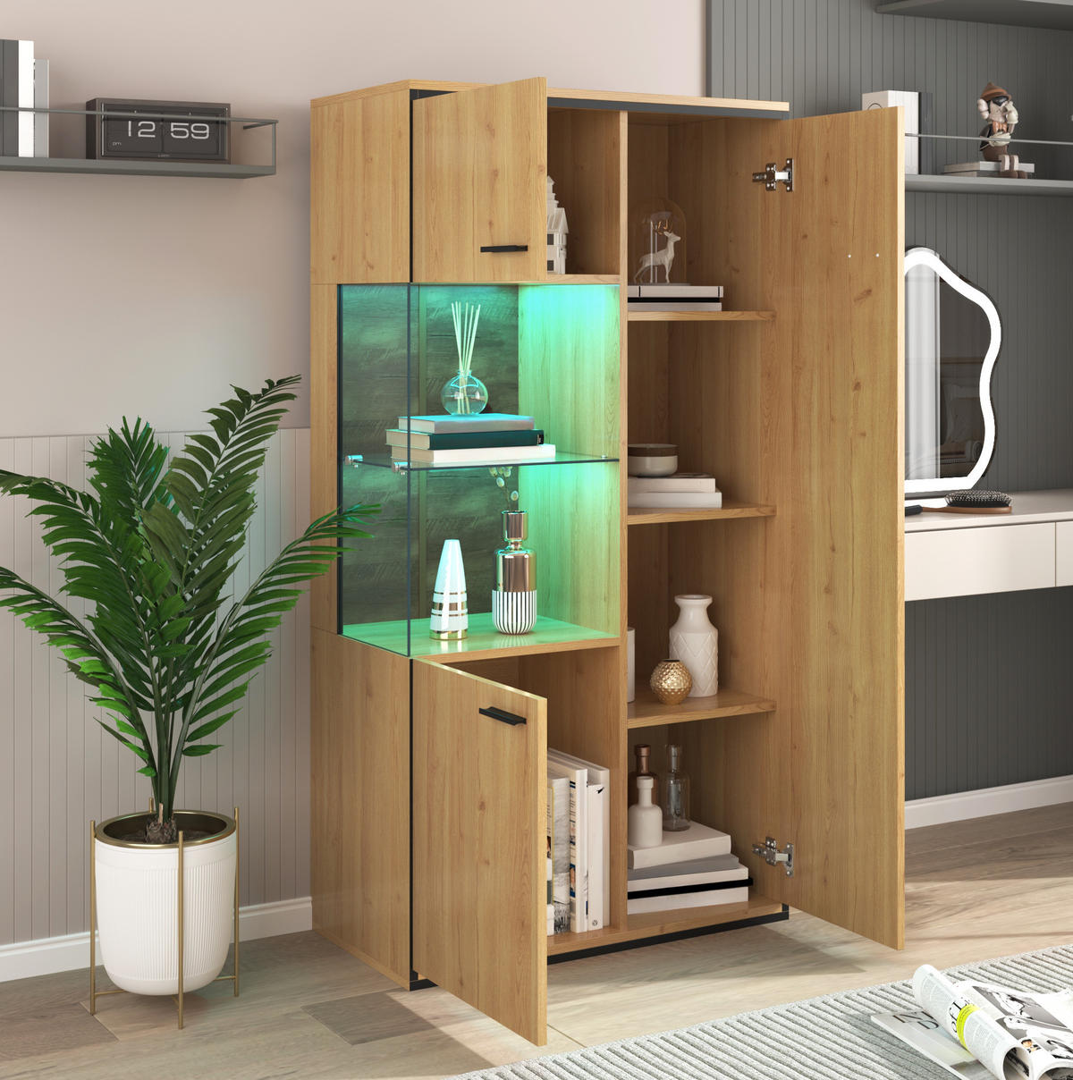 VITRINE 40/77,5/150 cm naturfarben aus MDF mit Glastür und LED - Naturfarben, Holzwerkstoff (77.5/150/40cm) - OKWISH