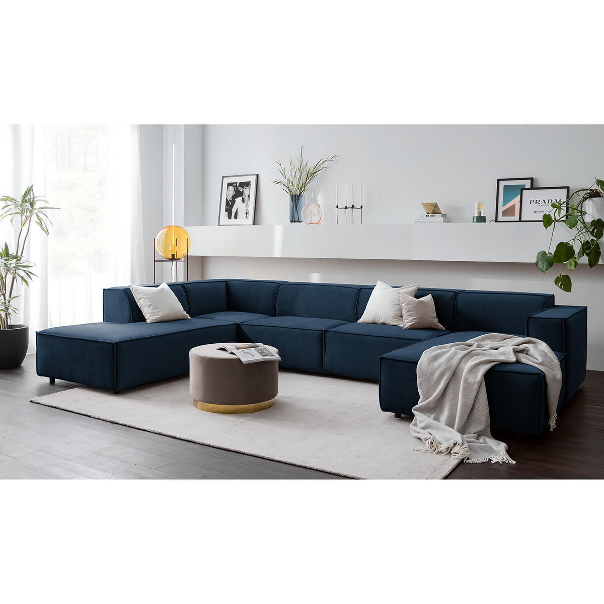 WOHNLANDSCHAFT mit Longchair & Ottomane - Schwarz/Dunkelblau, Kunststoff/Textil (369/70/234cm) - home24